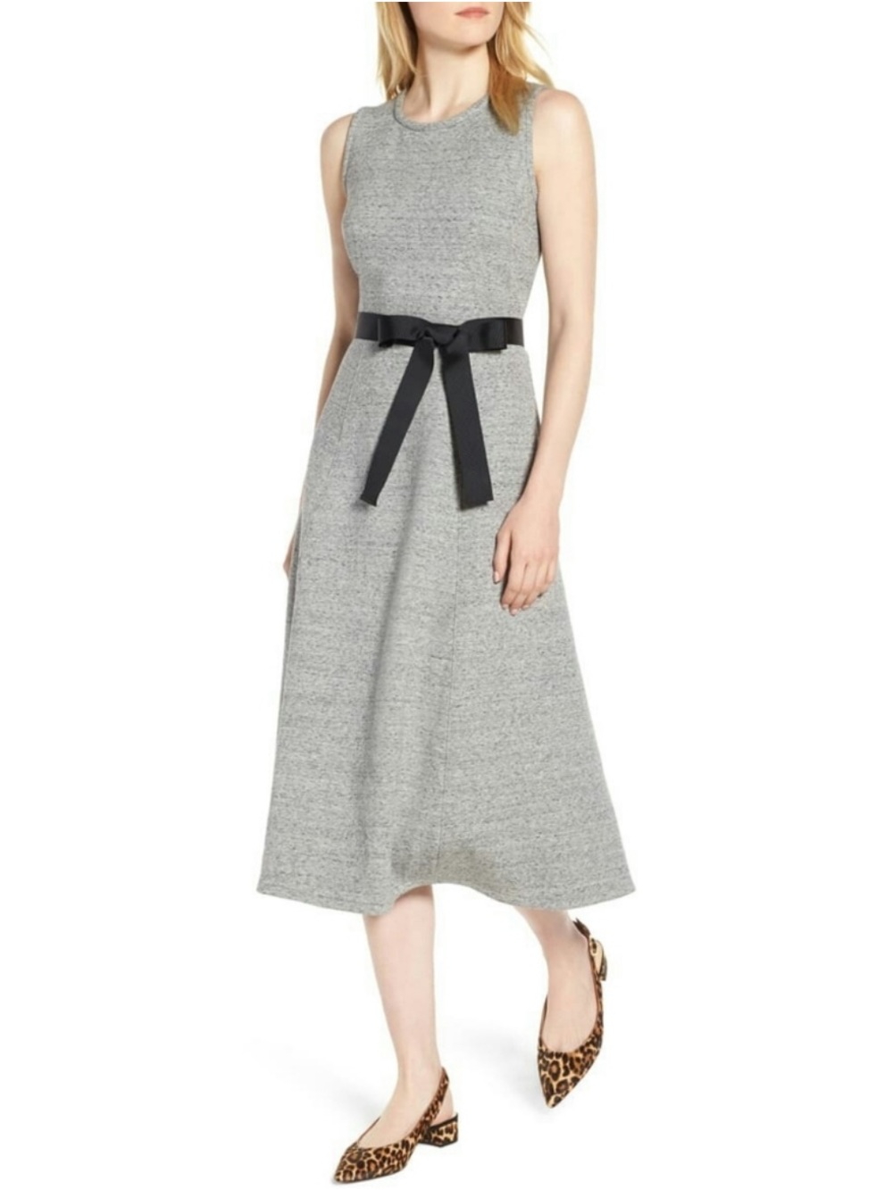 J. Crew A-line Midi Dress with Velvet Tie Gray Sweatshirt Fabric 0 *EUC*